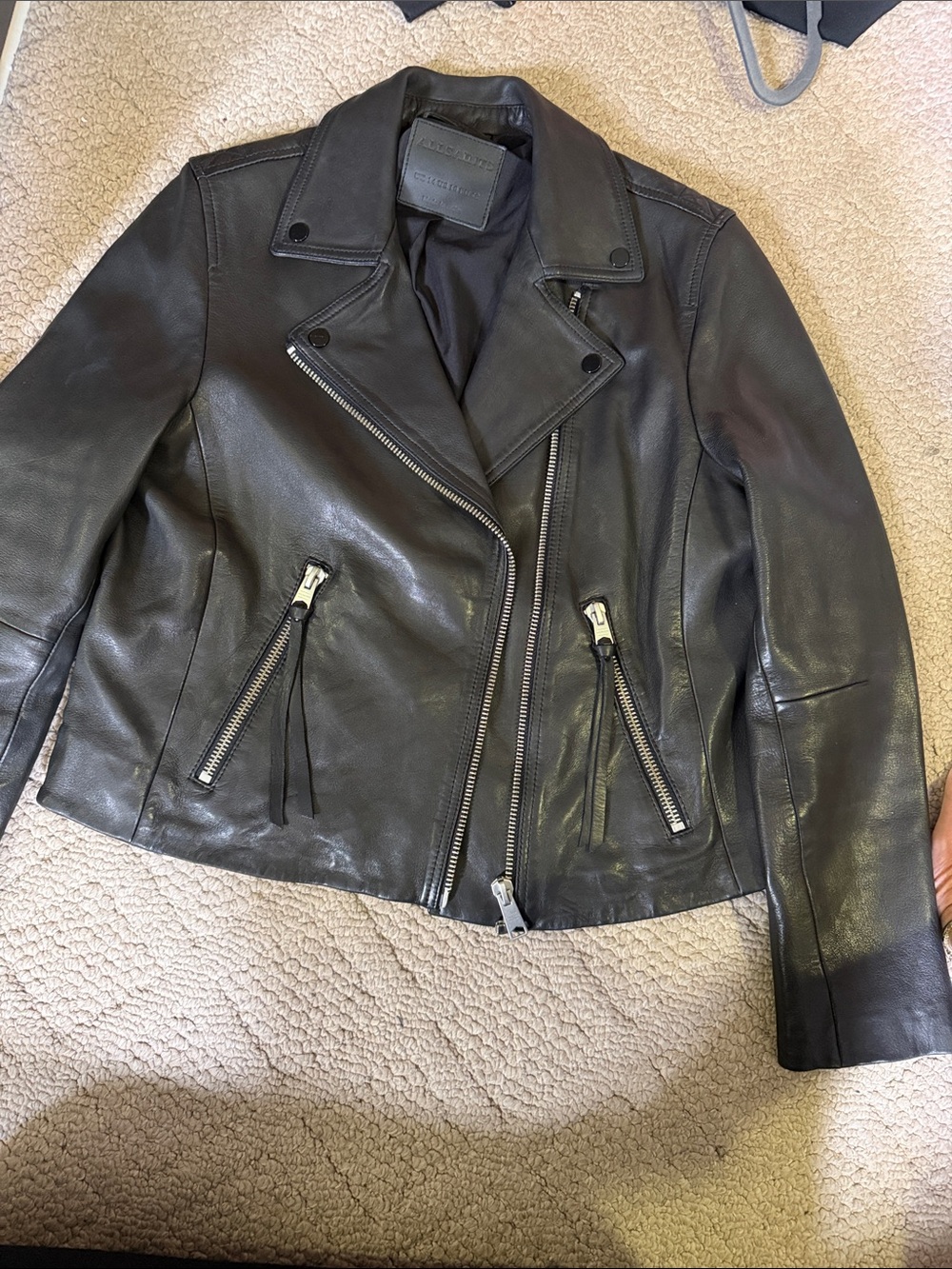 AllSaints Black Leather Asymmetric Moto Jacket